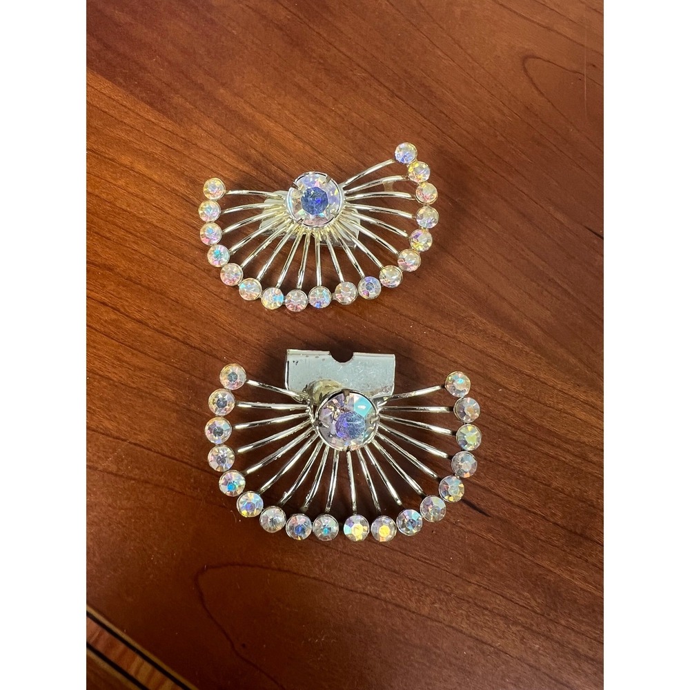 Vintage Aurora Borealis Rhinestone Shoe Clips Silver Tone Fan Sunburst Set